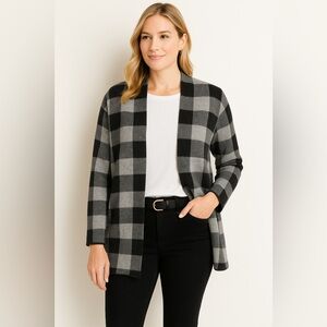 Talbots Thick Merino Wool Black Buffalo Plaid Open Cardigan Sz Medium EUC